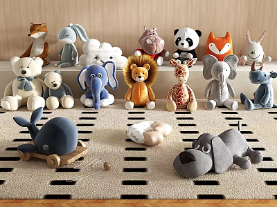 Cute Stuffed Plush Toys with Animal and Cloud Designs Like Fox Rabbit on Striped Carpet 3d model