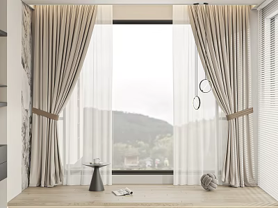 Beige Curtains With White Sheer Curtains In Modern Window Mountain View Table And Magazine 3d model