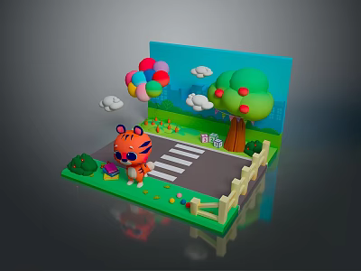 Cute Tiger Figure With Colorful Balloons Apple Tree Road Fence And Clouds 3d model
