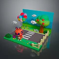 Cute Tiger Figure With Colorful Balloons Apple Tree Road Fence And Clouds
