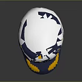 White And Blue Military Style Hat Featuring Yellow Emblem And Decorative Trim