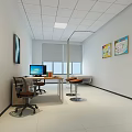 Modern Office Workspace With Desk Computer Chairs Stools And Wall Artworks 3d model