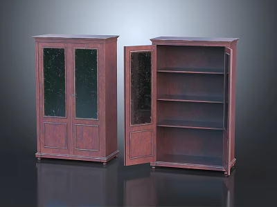 Wooden Storage Cabinet Shelf with Double Glass Doors and Open Door Showing Internal Shelves 3d model