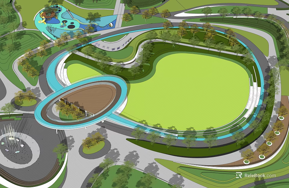 Park Landscape With Curved Pathways Lush Green Lawns Trees And Water Features 3d model 