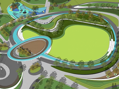 Park Landscape With Curved Pathways Lush Green Lawns Trees And Water Features 3d model