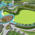 Park Landscape With Curved Pathways Lush Green Lawns Trees And Water Features