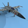 Camouflage Painted Fighter Jet With Sharp Nose Landing Gear On Blue Background