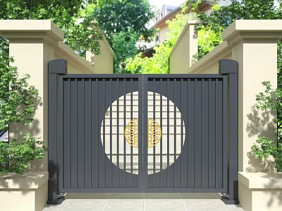 Black Double Swing Gate With Circular Golden Pattern And Beige Pillars Surrounded By Green Plants 3d model