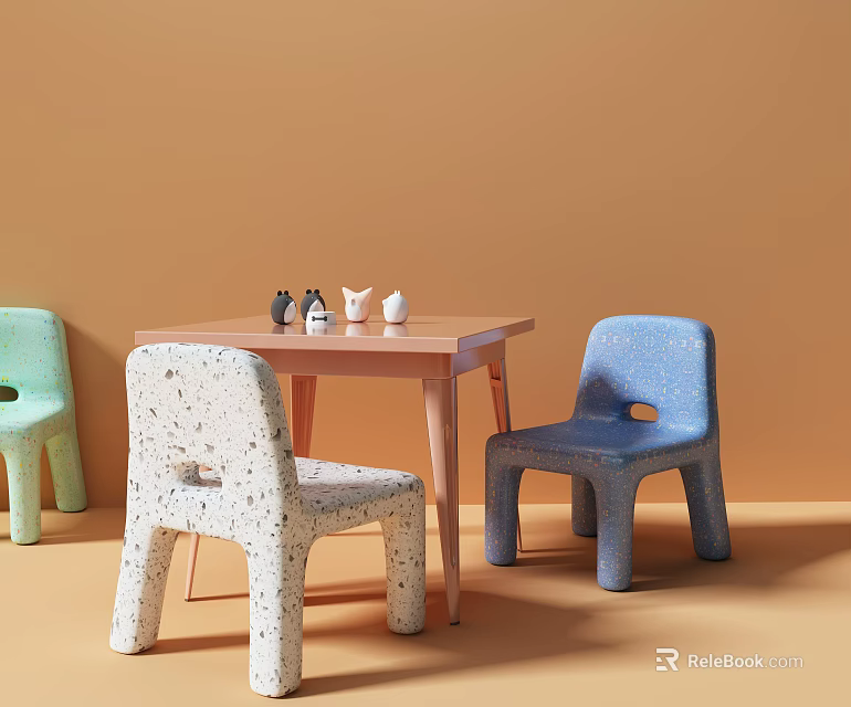 Kids Table With Light Green White Speckled Blue Chairs And Small Animal Figurines 3d model 
