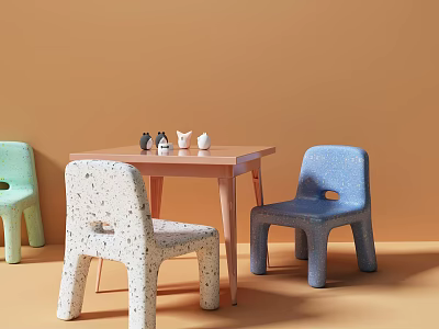 Kids Table With Light Green White Speckled Blue Chairs And Small Animal Figurines 3d model