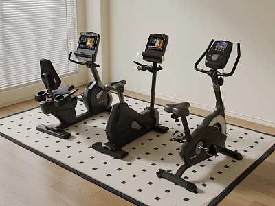 Modern Fitness Room Featuring Three Exercise Bikes With Digital Displays On Grid Mat 3d model
