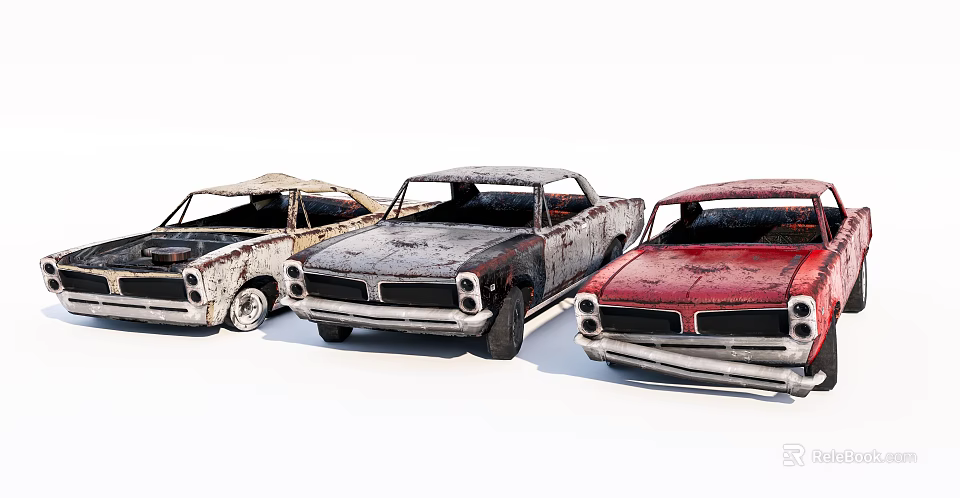 Three Rusty Old Vintage Cars With Classic Design And Weathered Exterior 3d model 