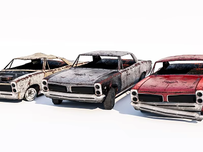 Three Rusty Old Vintage Cars With Classic Design And Weathered Exterior 3d model