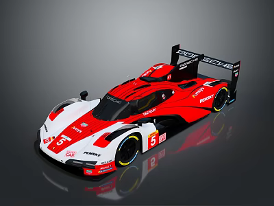 Red and White Race Car with Rear Wing Number 5 and Glossy Aerodynamic Design 3d model