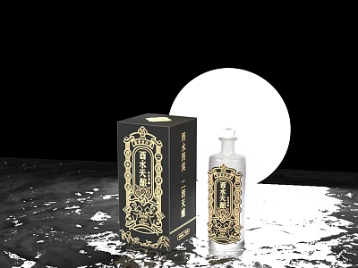 Elegant Wine Bottle And Glass With Golden Pattern Packaging Box On Black Background With Moon 3d model