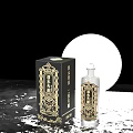 Elegant Wine Bottle And Glass With Golden Pattern Packaging Box On Black Background With Moon