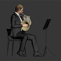 Man in Black Suit With Bow Tie Playing French Horn on Chair Near Music Stand