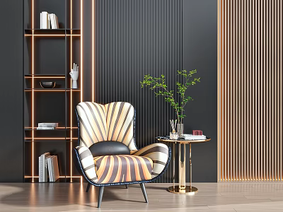 Modern Single Sofa In Stylish Space With Side Table Plant And Bookshelf 3d model