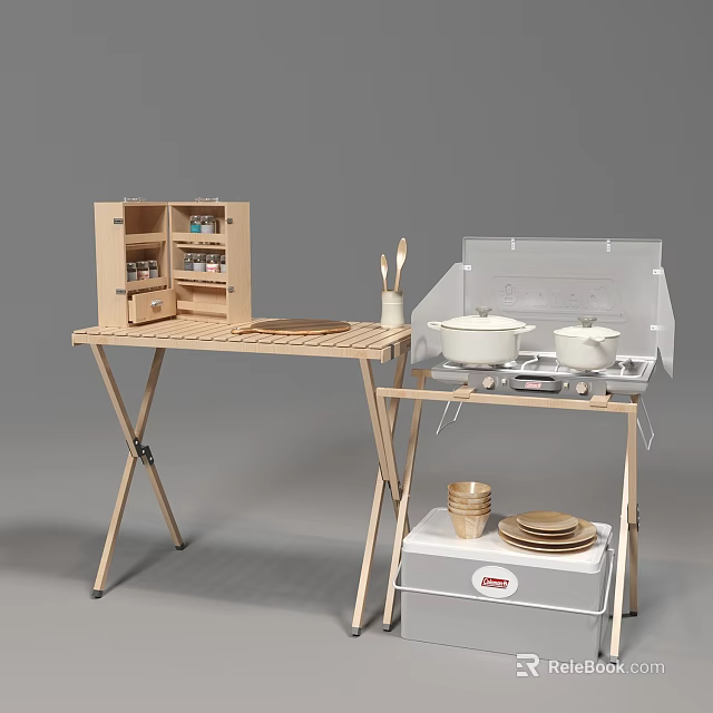 Wooden Toy Kitchen Set With Folding Table Cabinet Stove Pots Plates And Cups 3d model 