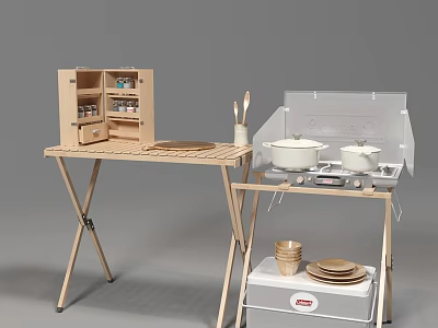 Wooden Toy Kitchen Set With Folding Table Cabinet Stove Pots Plates And Cups 3d model