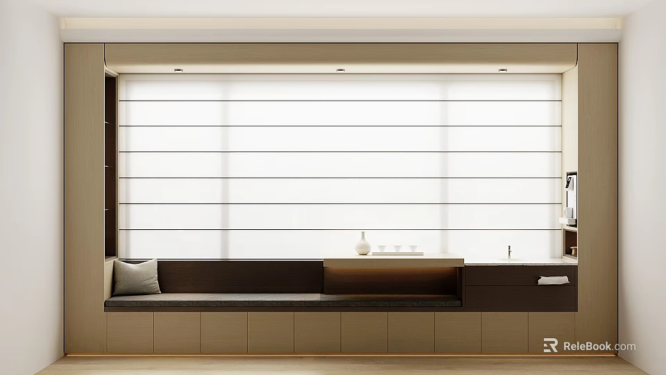 Modern Bay Window Cabinet Interior Design With Cushion Storage And Window View 3d model