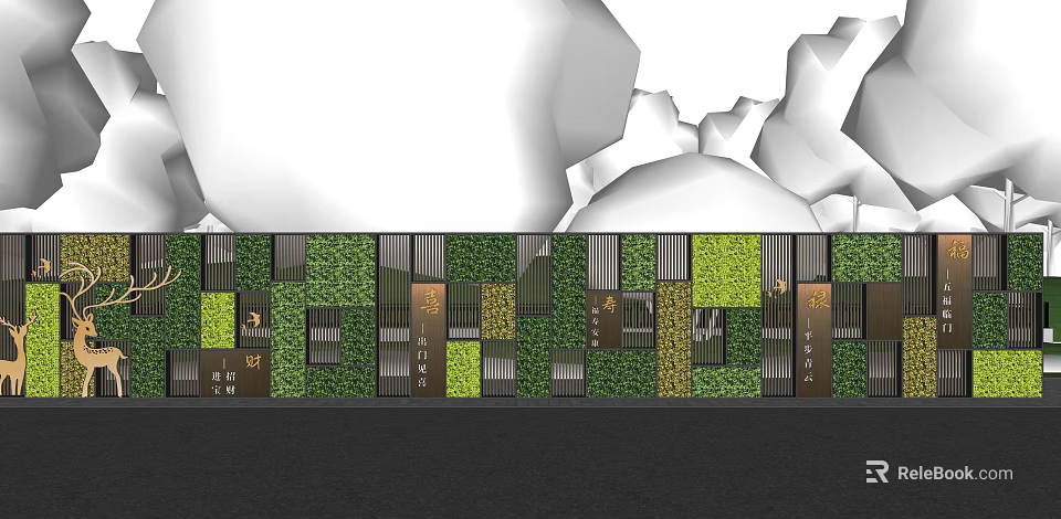 Modern Landscape Wall With Green Plants Wooden Panels And Metal Strips 3d model 