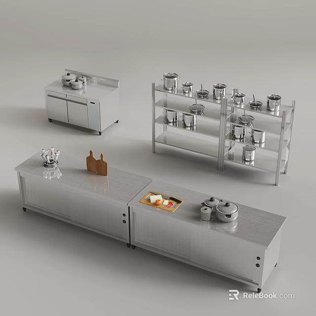 Stainless Steel Kitchen Equipment With Shelves Pots Cutting Board And Ingredients 3d model 