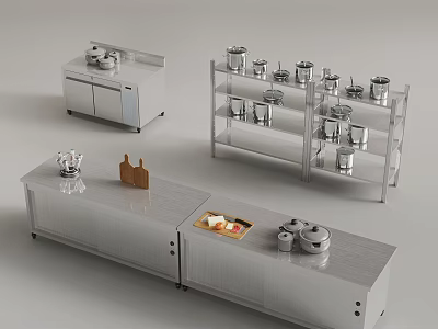Stainless Steel Kitchen Equipment With Shelves Pots Cutting Board And Ingredients 3d model