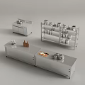 Stainless Steel Kitchen Equipment With Shelves Pots Cutting Board And Ingredients