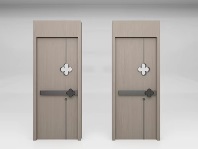 Light Brown Flush Doors with White Four Petal Flower Pattern and Black Handles 3d model
