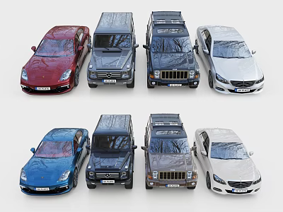 Different Colored Cars Including Sedans And SUVs On Display In Two Rows 3d model