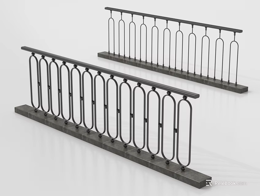 Black Metal Railings With Curved Vertical Bars And Base Pedestal Design 3d model 
