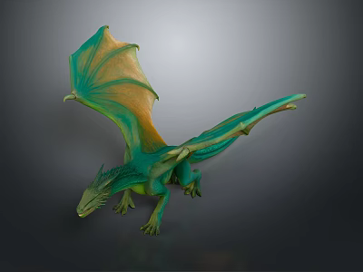 Colorful Mythical Dragon Sculpture With Detailed Green Orange Wings And Tail 3d model