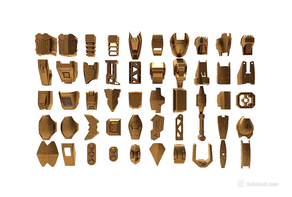 Golden Metal Parts With Various Shapes For Mechanical Model Components 3d model