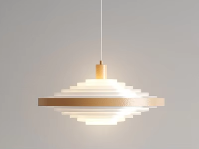 Gold And White Multi Layered Circular Chandelier Hanging Against Gray Background Illuminated 3d model