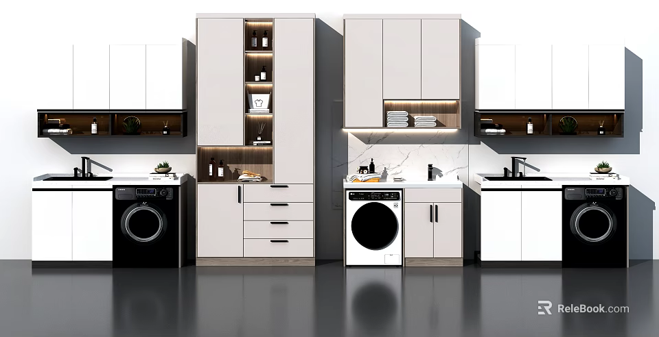 Modern White Bathroom Cabinet Rack With Drawers Washing Machine And Storage Cabinets 3d model 
