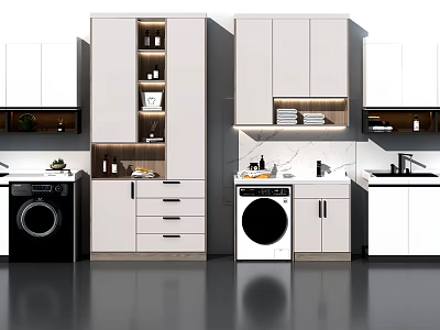Modern White Bathroom Cabinet Rack With Drawers Washing Machine And Storage Cabinets 3d model