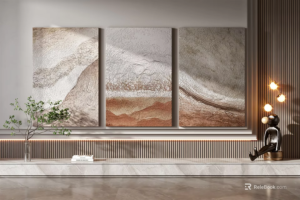 Three Panel Abstract Textured Wall Art In Neutral Tones For Modern Living Room Decor 3d model 