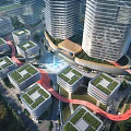 Modern High Rise Office Buildings With Green Roofs And Circular Urban Layout And Surrounding Greenery