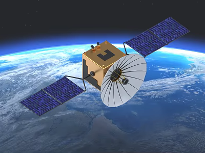 High Tech Satellite with Large Solar Panels and Antenna Orbiting Blue Earth 3d model