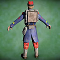 Military Uniform Character With Blue Coat Red Pants Backpack And Green Plants Background Arms Outstretched