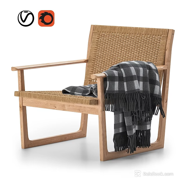 Modern Rattan Leisure Chair with Wooden Frame and Plaid Blanket for Cozy Indoor Use 3d model 
