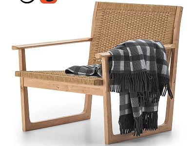 Modern Rattan Leisure Chair with Wooden Frame and Plaid Blanket for Cozy Indoor Use 3d model