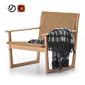 Modern Rattan Leisure Chair with Wooden Frame and Plaid Blanket for Cozy Indoor Use