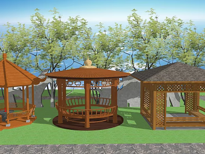Outdoor Wooden Pavilions With Different Designs On Green Grass Near Trees Rocks And Water 3d model