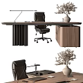 Minimalist Wooden Desk And Chair Set With Black Office Chair And Table Lamp