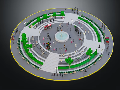 Circular Plaza Design With Central Fountain Trees Benches And People Gathering 3d model
