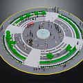 Circular Plaza Design With Central Fountain Trees Benches And People Gathering