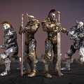 Armored Warriors in Battle Gear Holding Swords and Staffs