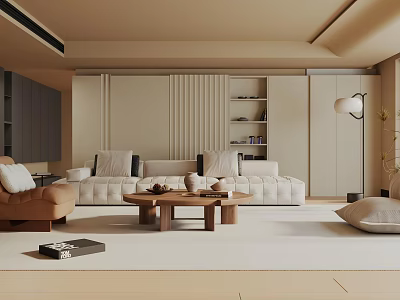 Modern Living Room Interior With Beige Sofa Wooden Coffee Table Floor Lamp And Bookshelves 3d model